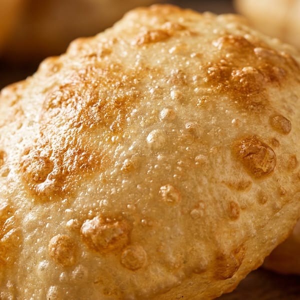 Close-up of golden-brown, puffy fried bread, possibly puri or bhature, on a wooden surface.