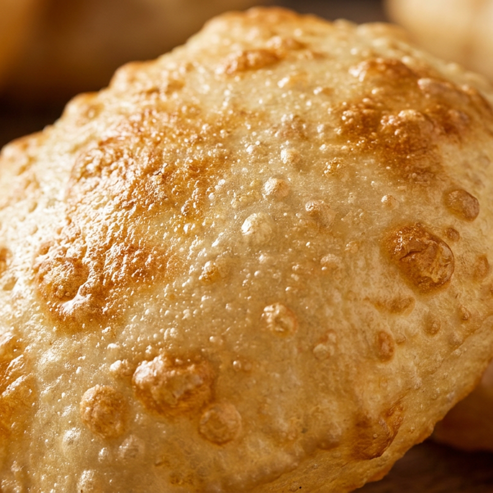Close-up of golden-brown, puffy fried bread, possibly puri or bhature, on a wooden surface.