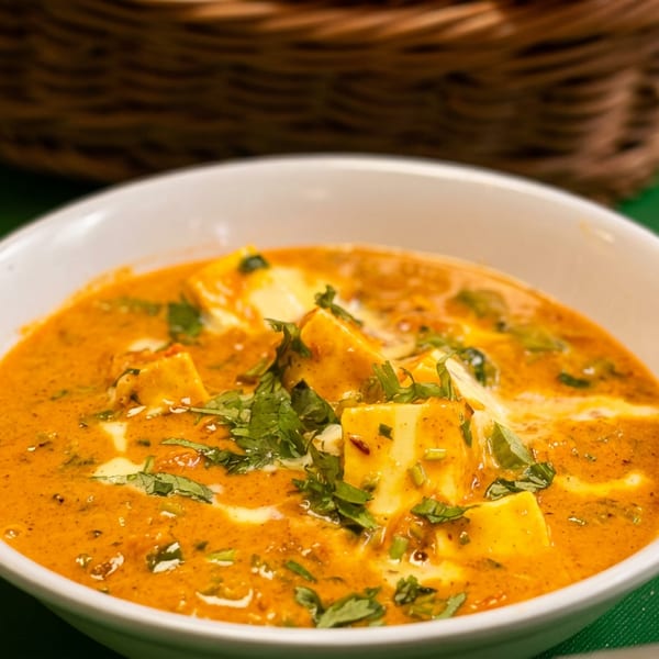 A white bowl filled with paneer butter masala, garnished with fresh cilantro and cream.